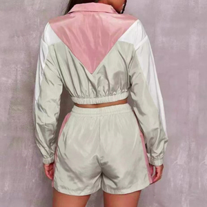 Women's Color Sporty 2 Piece Shorts Full Sleeve Stand Collar Zipper Breathable Polyester Spring Summer Casual Wear Shorts <b>Set</b> - Product Image 3