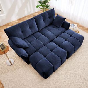 Comodo Set Divano Blu a 2 Posti con 2 Pouf e Cuscini Decorativi in Morbido Tessuto Chenille per Soggiorno, Appartamento o Dormitorio - Product Image 2