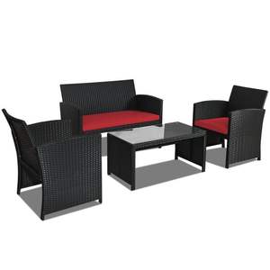 Set di 4 mobili da giardino in Rattan con cuscini resistenti alle intemperie e tavolo in vetro temperato per uso giardino - Product Image 1