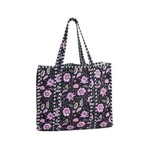 Quilted Cotton Open Tote <b>Bag</b> Women Black Pink Floral Block Print <b>Large</b> <b>Shoulder</b> <b>Bag</b> Handmade Indian Boho Market <b>Bag</b> - Product Image 1