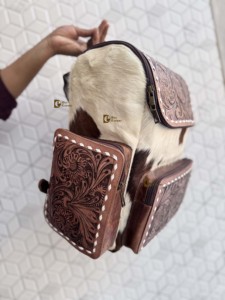 New Hand <b>Tooled</b> Leather Cowhide <b>Backpack</b> With Floral Carving Unisex Bohemian Style Multiple Pockets Zipper Closure Daily Use Bag - Product Image 2