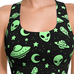 Sujetador deportivo para mujer con estampado alienígena, espalda cruzada, cuello redondo, soporte medio, transpirable, ropa deportiva con patrón de dibujos animados, 100% nailon - Product Image 6