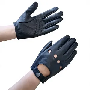 Black <b>Sheepskin</b> Driving <b>Gloves</b> Full Finger Breathable Design Ventilation Holes Secure Snap Closure Outdoor Keeping Warm for <b>Men</b> - Product Image 2