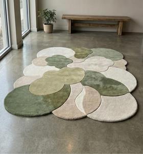 Luxury Minimalist Hand Tufted Wool Anti-Slip Regular Area Rug Olive Sage Green Cream <b>Abstract</b> Flower Shape Living Room - Product Image 2