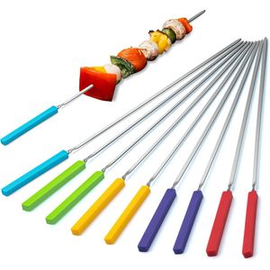 10 Pack Reusable 16\" Long Kebab Skewers with Silicone Handle Stainless Steel Flat <b>BBQ</b> Accessories for Party Grills - Product Image 1