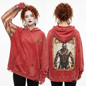 Sudadera con capucha de circo de terror roja desgastada personalizada para mujer, con gráfico de zombie, manga a rayas, ropa urbana al por mayor - Product Image 1
