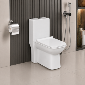 WC monobloc contemporain en céramique allongé, à poser au sol, avec siphon en S, chasse d'eau Tornado et double chasse pour salle de bain - Product Image 1