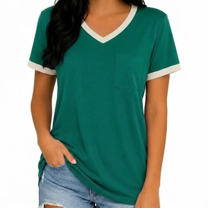T-shirts amples personnalisés pour femmes, col en V, manches courtes, décontractés, en coton respirant, pour l'été, vente en gros - Product Image 5