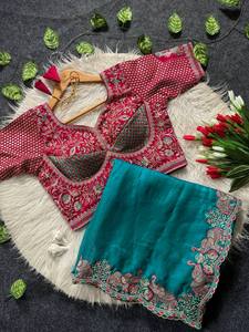 Sari de satén de lujo para fiestas con bordado Zari de diseño tradicional de elefantes y blusa lista para usar - Product Image 1