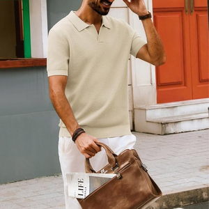 <b>Men's</b> Cream Short Sleeve Knitted Polo Shirt Solid Color Casual Breathable Regular Fit Collared Design - Product Image 5