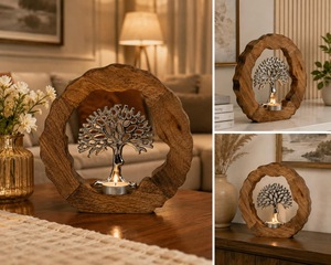 Escultura de Árbol de Metal Rústico sobre Base de Madera para Decoración de Mesa, Arte para Sala de Estar, Artesanía en Madera Hecha a Mano, Diseño de Follaje - Product Image 4