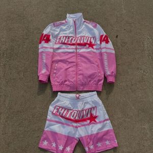 Custom High Quality Nylon <b>Retro</b> Color Block Motocore Graphic Print Mens Windbreaker Jacket and Shorts <b>Tracksuit</b> Set - Product Image 3