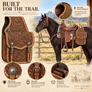 Sac de selle artisanal en cuir pour cheval |   Pochette de rangement équestre occidentale avec sangles et boucles sécurisées pour l'équitation en trail, le travail à la ferme et l'équipement de tack - Product Image 5