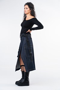 Jupe midi en jean asymétrique pour femme GRACE COLLECTION, avec ceinture simple, délavée, bleu foncé, coupe classique, pour l'hiver - Product Image 3