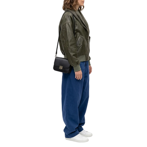 Chaqueta Bomber de Cuero PU Tejido para Mujer, Color Verde Oliva Sólido, Estilo Otoñal - Product Image 1
