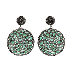 Boucles d'oreilles pendantes rondes en argent sterling 925 oxydé avec émeraude naturelle cabochon et diamant, collection Memoria Jewels - Product Image 3