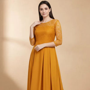 Robe longue jaune premium pour femmes en tissu Georgette avec col rond intérieur et manches 3/4 – Qualité export en gros - Product Image 1