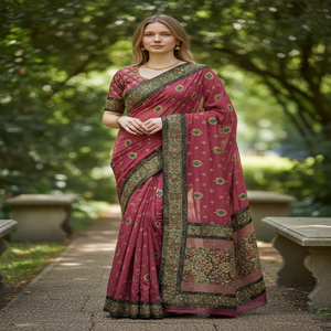 Sari Indio de Lujo con Diseño Floral y Borde de Encaje Intrincado en Tela de Chifón para Vestir en Fiestas, una Tradición Atemporal - Product Image 1