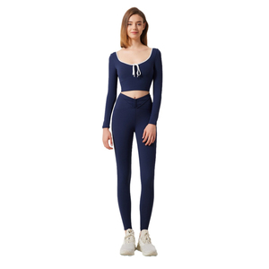 Ensemble de yoga premium 2 pièces pour femme 2026 – Haut court à manches longues couleur unie en Spandex et Polyester, extensible dans les quatre sens, sans coutures, pour l'entraînement - Product Image 2