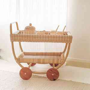 Carrito de juguete de mimbre natural para bebés, carrito de servicio de juguete para niños, fabricante de carritos de juguete de madera. - Product Image 6