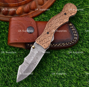 UA Supplies DIY Customized <b>Copper</b> Handle Hand Engraved Damascus Steel Hunting Outdoor Pocket Folding Knife Thumb <b>Knob</b> Liner Lock - Product Image 2