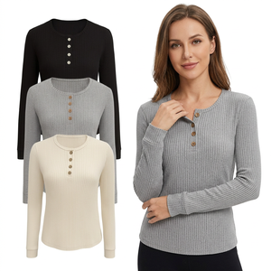 Camiseta de Manga Larga Acanalada de Color Liso para Mujer, con Botones Delanteros, Ajuste Delgado, Cuello Redondo, 100% Algodón Ecológico - Product Image 4