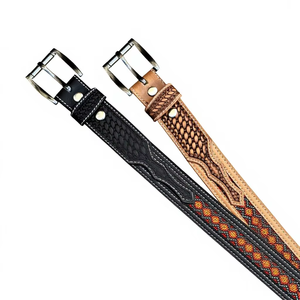 Ceinture Western en cuir façonnée à la main avec motif aztèque diamanté, perles turquoise et boucle en alliage de style vintage - Product Image 1