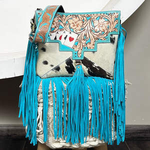 Sac à bandoulière en cuir de vachette façonné à la main avec franges, motif cartes de poker, style cowgirl bohème, idéal pour les voyages - Product Image 4