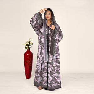 Abaya de Chifón con Motivo Botánico, Pañuelo para la Cabeza Drapeado, Manga Fluida Abierta por Delante, Ropa Islámica Modesta para Mujer, Estilo Árabe, Eid, ODM - Product Image 3