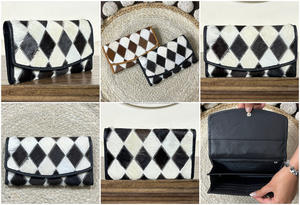Portefeuilles longs pour femmes en cuir de vachette véritable de luxe, patchwork, faits à la main, motif diamant, fourrure, avec poche zippée - Product Image 3