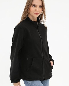 Women's <b>Black</b> Solid <b>Fleece</b> <b>Jacket</b> Full Sleeve Stand Collar Zipper Front Kangaroo Pocket Summer Warm Outerwear - Product Image 6