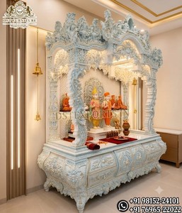 Swaminarayan Hand Carved <b>Mandir</b> in Marble Look BAPS Design White Gold Swaminarayan Temple Best Quality Teak Wooden Carved <b>Mandir</b> - Product Image 2