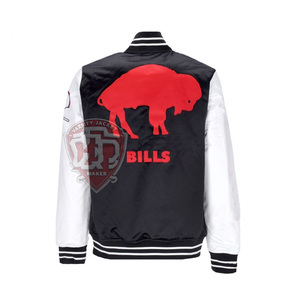 Veste universitaire en satin noir personnalisée pour hommes, veste bomber à manches blanches, vente en gros, broderie Buffalo, vêtements de sport pour équipe de baseball - Product Image 6