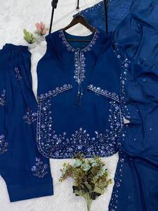 Conjunto de Salwar Kameez Tradicional Pakistaní para Mujer, en Oferta, Bordado, de Algodón y Seda, Color Azul Medianoche, de Lujo, para Fiesta - Product Image 4