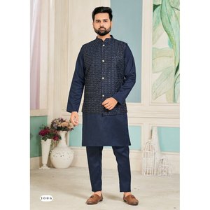 ATTRACTIVE SOIE BRODERIE SEQUENCE TRAVAIL PANTALON KURTA POUR HOMME AVEC KOTI BLEU - Product Image 1