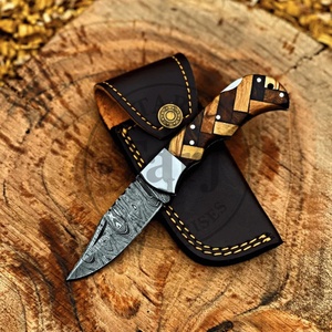 Couteau pliant artisanal en acier Damas, manche en bois mosaïque, couteau de poche, étui en cuir, vente en gros, fabricant OEM ODM TARJ ENTERPRISES - Product Image 2