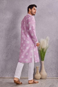 Kurta en coton imprimé rose pour homme, coupe régulière, longueur cheville, style traditionnel décontracté Inde Pakistan - Product Image 4