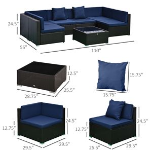 Set Divano in Teak e Rattan a 7 Pezzi per Esterni con Cuscini Rimovibili, Pouf e Tavolino da Caffè in Vetro Blu/Caffè Scuro per Ospedali - Product Image 3