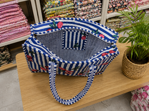 Sac fourre-tout d'épaule en toile rayée bleue pour femme, imprimé cerise, style preppy, léger, 18 pouces, fermeture éclair, poches intérieures, été - Product Image 2