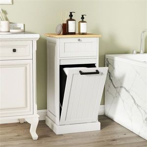 Cesto portabiancheria inclinabile in bambù e MDF da 10 galloni con cassetto anti-ribaltamento, bianco e naturale - Product Image 6