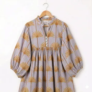 Luxury Lavender Tropical Print Midi <b>Dress</b> With Puff Sleeve Boho V-Neck <b>Loose</b> Fit A-Line Casual Summer <b>Dress</b> For Women - Product Image 4