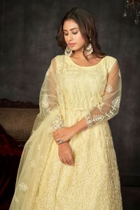 Good Quality Women's <b>Light</b> Yellow Anarkali Suit For Weddings and Fastive Occasions 3/4 Sleeve <b>Net</b> Santoon Semi stitched - Product Image 3