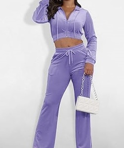 Crop Top Hooded Zipper Velvet Velour Tracksuits Stacked Flare Jogging <b>Set</b> Winter Purple Color Velvet Track Suit Sweat Suits <b>Set</b> - Product Image 4
