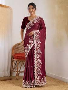 Sari de Diseñador con Bordado Floral Premium para Mujer, Sari de Lujo para Fiestas y Bodas con Blusa en Contraste, Venta al Por Mayor - Product Image 3