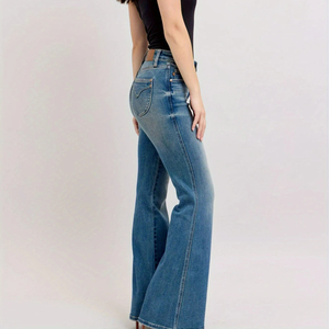 Jeans de Mezclilla Azul de Cintura Alta para Mujer, con Logotipo Personalizado, a la Moda, Corte Recto, Suaves, Elásticos, Estilo Casual Vintage - Product Image 2