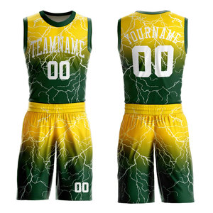 Custom Sublimated Basketball Jersey Set Yellow Green Lightning Print Breathable Mesh Tank Top Shorts Unisex Adult Team Apparel - Product Image 1
