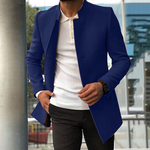 Men's Blue Mandarin Collar Shirt <b>Jacket</b> Slim Fit <b>Smart</b> Casual Polyester Blazer Spring Wear Regular Sleeve Solid Color - Product Image 1
