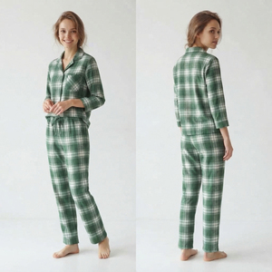 Ensemble de pyjama en flanelle pour femmes, t-shirt à manches longues à boutons et pantalon décontracté en coton à carreaux - Product Image 1