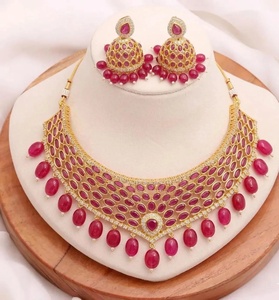 22K Gold Plated Brass Ruby Bridal Jewelry Set with Vintage Indian Wedding Earrings & <b>Statement</b> <b>Necklace</b> - Product Image 1