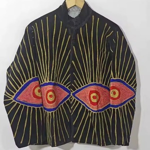 Black <b>Stand</b> Collar Kimono Jacket With Hand Embroidered Eye Pattern Full Sleeve <b>Drop</b> Shoulder Autumn Wear - Product Image 1